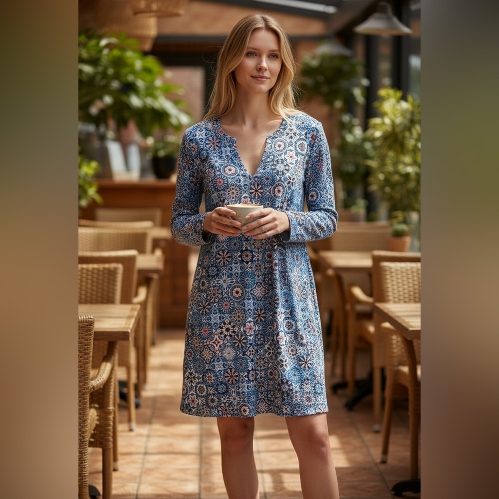 Elegant Blue Geometric Print Dress